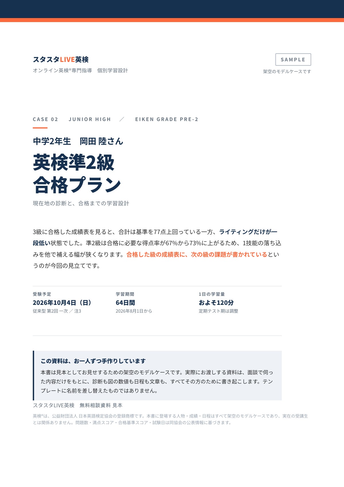 中学生向け英検準2級合格プランの見本表紙