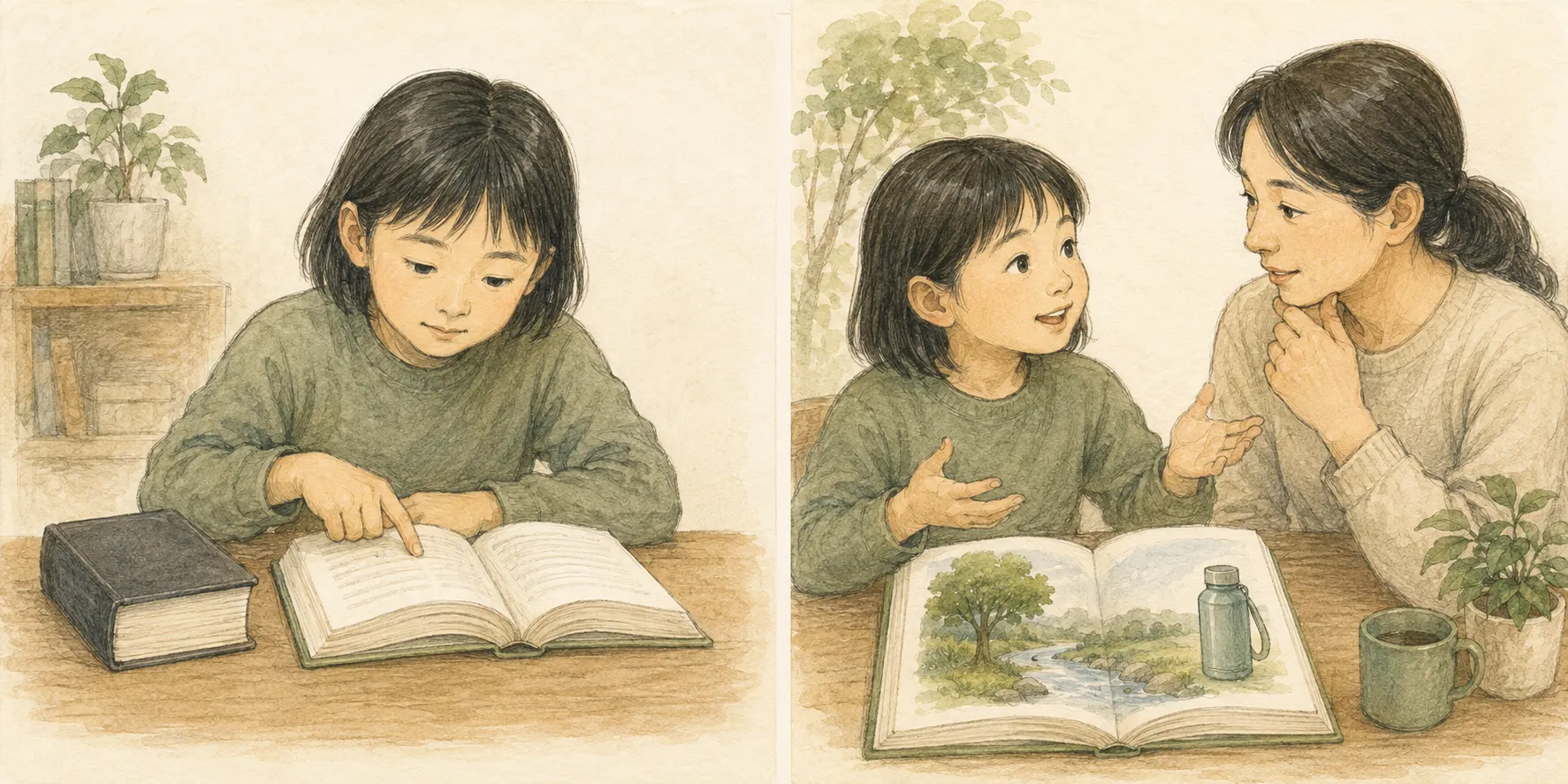 辞書で言葉を確かめる小学生と、環境について保護者と話す小学生を対比したイラスト