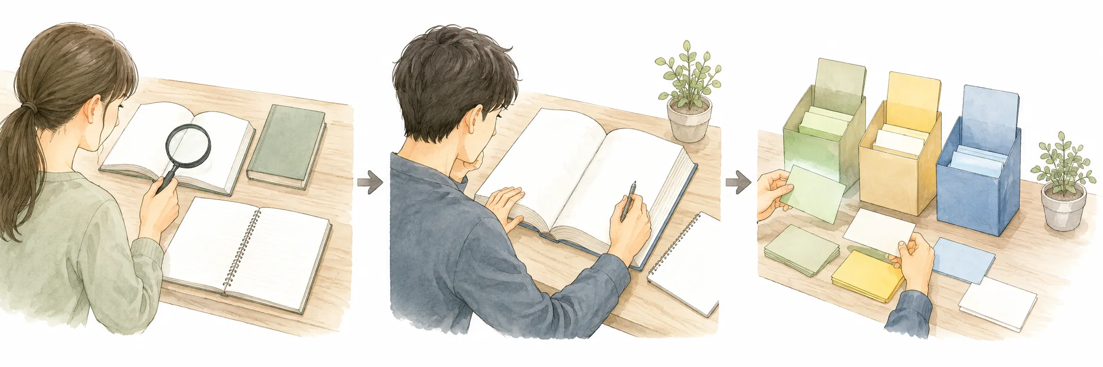 以前の学習を確認し、新しい問題を試し、必要な課題を選ぶイラスト