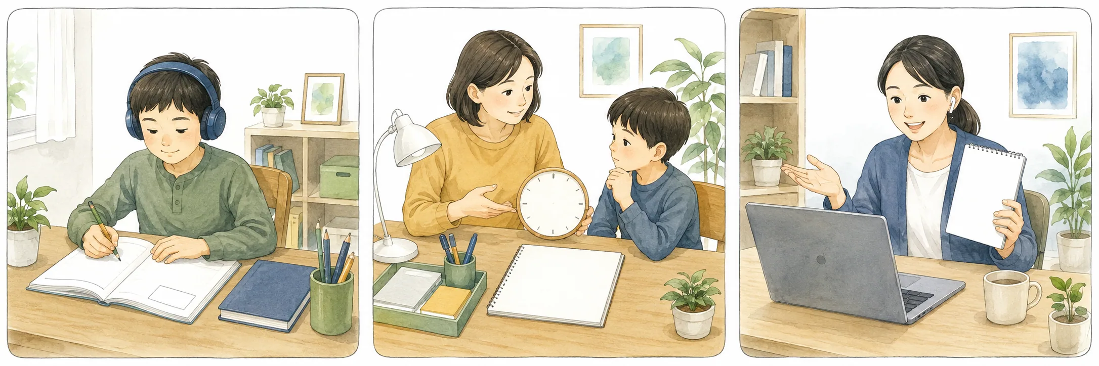 自分で取り組む子ども、環境を整える保護者、解説をする先生を並べたイラスト
