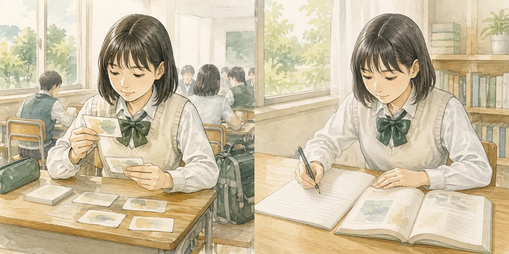 忙しい日に短い復習をする中学生と、余裕のある日に文章を読んで書く中学生のイラスト