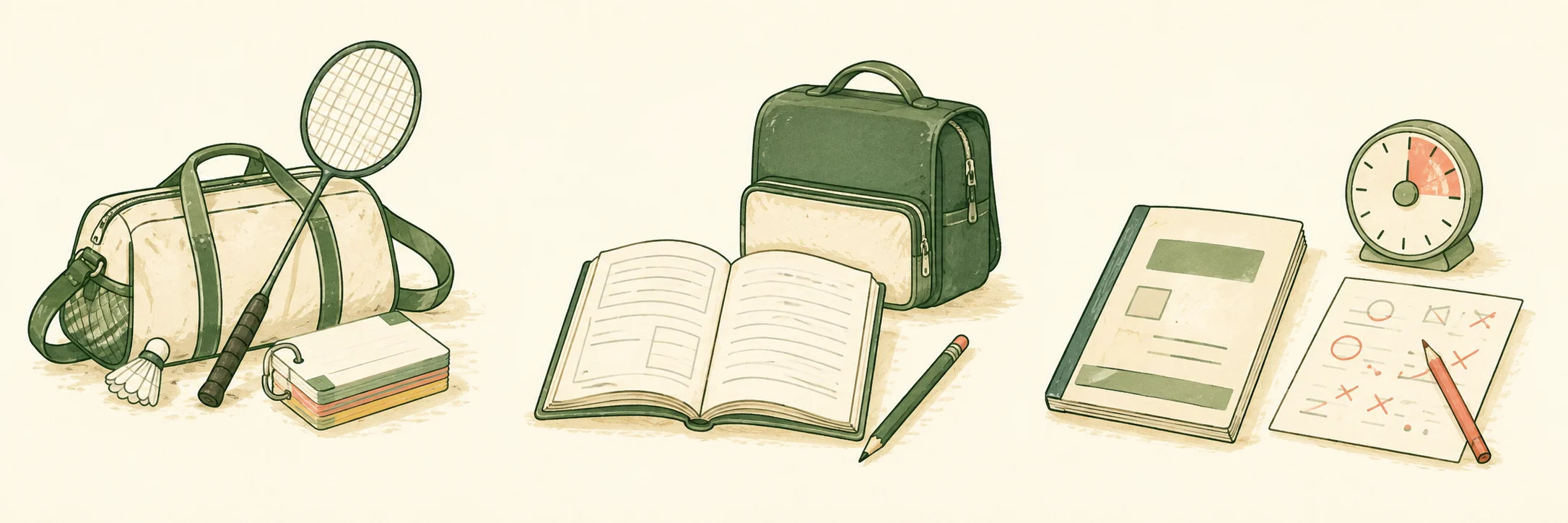 部活の日の短い学習、余裕のある日の書く・解く学習、休日の過去問と解き直しを並べたイラスト