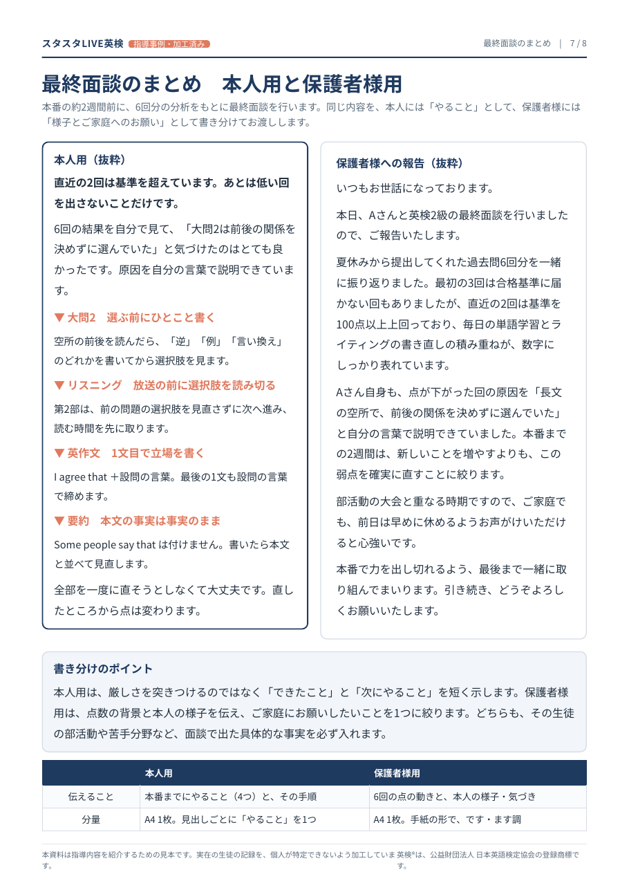 最終面談のまとめ・本人用と保護者様用