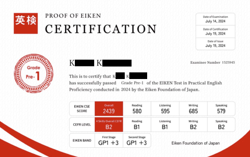 既卒生の準1級合格証明書
